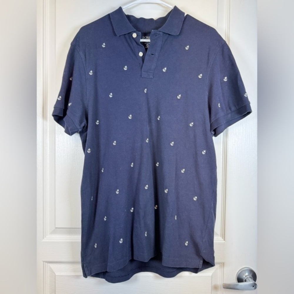 J Crew Navy Blue Pique Polo Naval Anchors Size Large EUC #5525